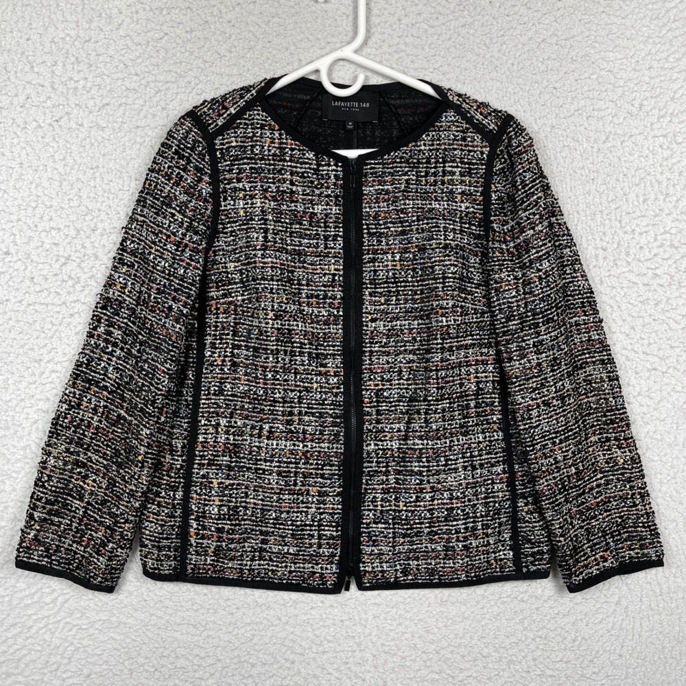 Lafayette 148 Jacket Womens M Black Multi Tweed Zip Front Collarless Chic Luxury